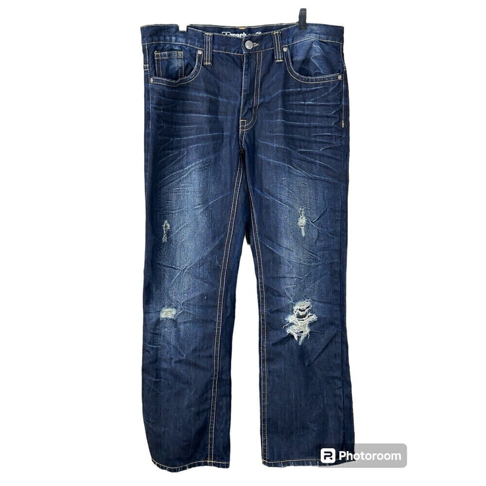 Machine Men Dark Blue Jean Sz 38x32 Distressed Straight Leg Relaxed Fit Denim T4